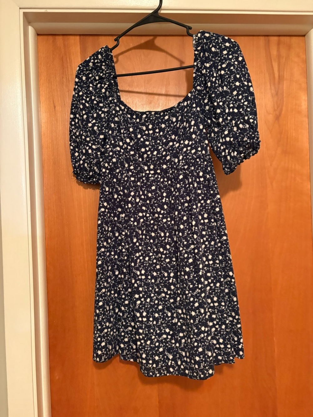 Francesca’s Babydoll Navy and White Floral Square-Neck Mini Dress
